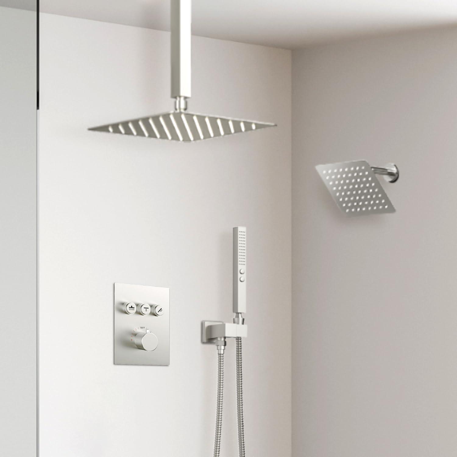 Revitalize 3-Function 12 Inch Wall Mount Rainfall Thermostatic Shower System with 6 Body Jets