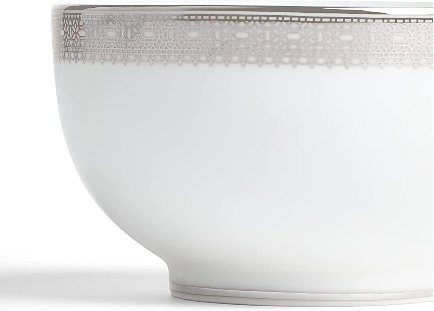 White Ceramic Round Rice Bowl with Platinum Band