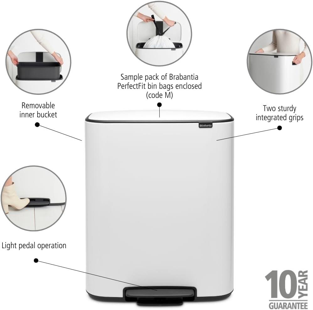 Brabantia Bo Step On Trash Can, White, 16 Gallon