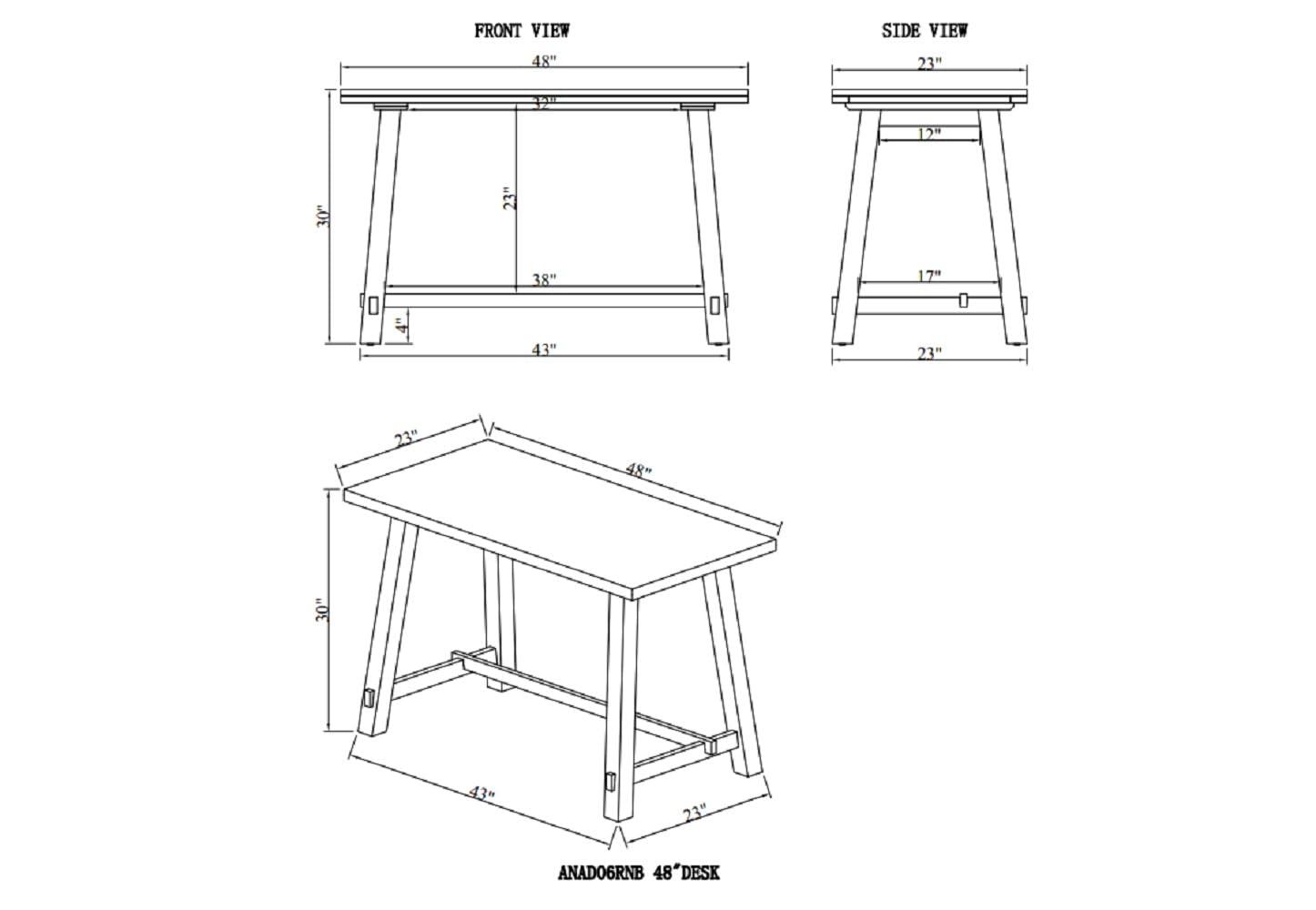 48" Adam Solid Wood Desk Rustic Natural - Alaterre Furniture: Stained Finish, No Storage, Home Office