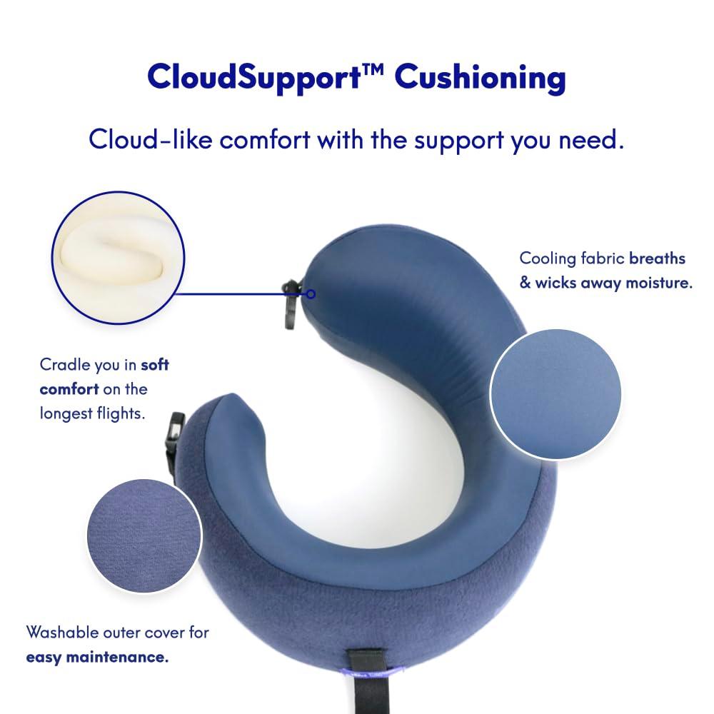C CUSHION LAB Travel Pillow, Award-Winning Patented Ergonomic Design for Chin & Neck Support Memory Foam Neck Pillow, Compact Airplane Pillow for Traveling, Flight, Car (Navy, Medium)