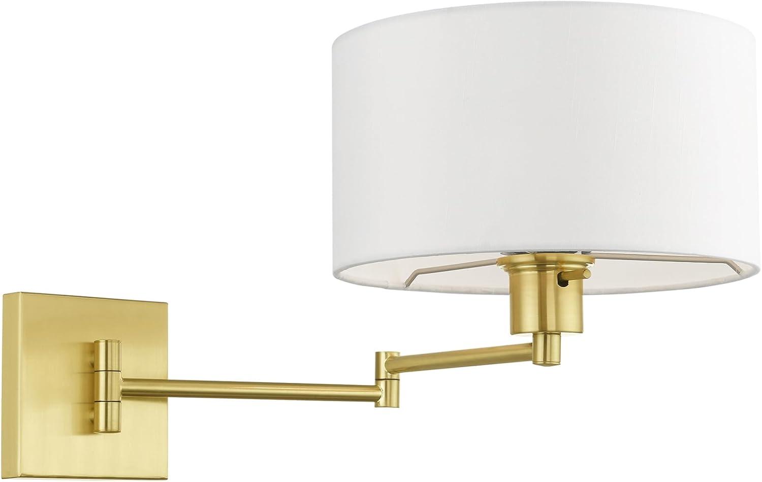 Satin Brass Swing Arm Wall Lamp with Off-White Shade