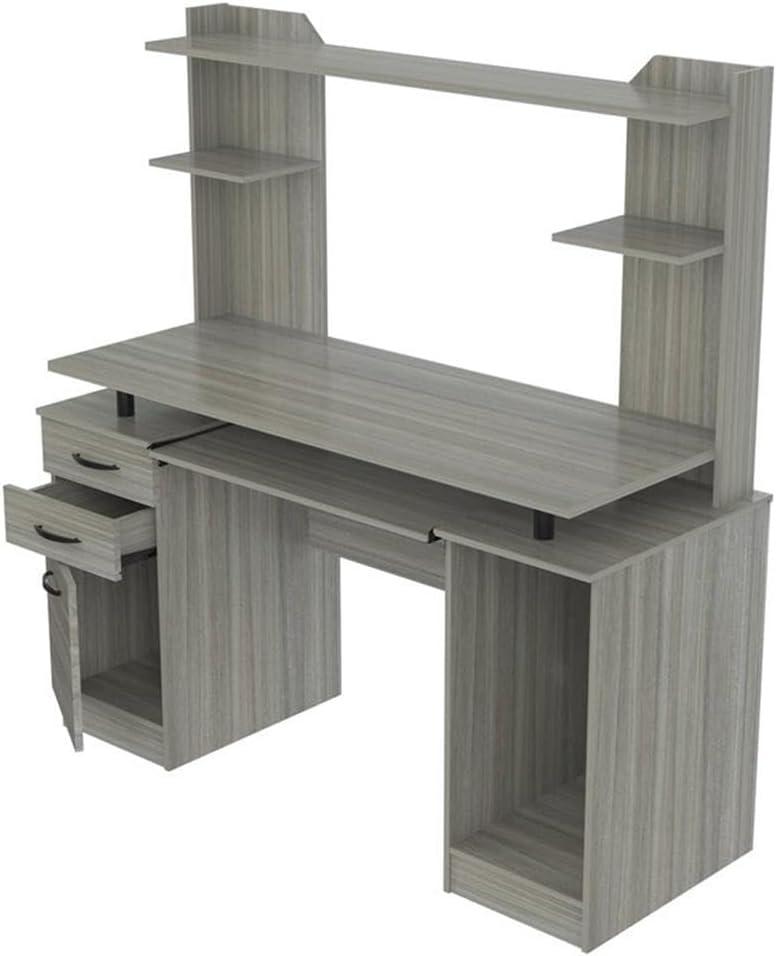Computer Workcentre With Hutch Smoke Oak - Inval: Modern Laminate Writing Desk, MDF Frame, Open Shelf Storage
