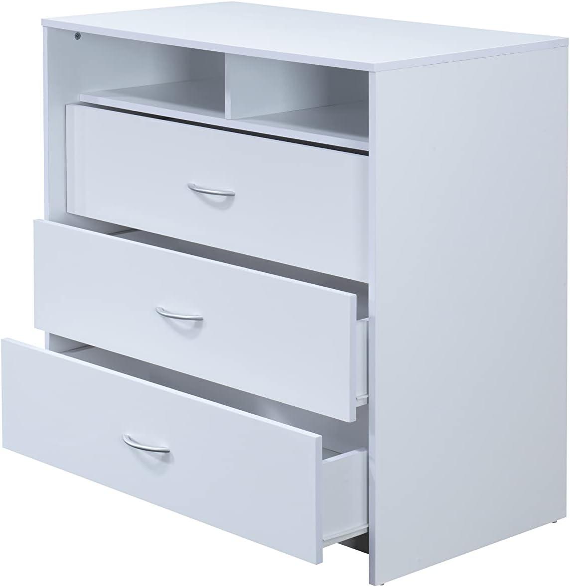 Sleek White Engineered Wood 3-Drawer Dresser with Open Shelf