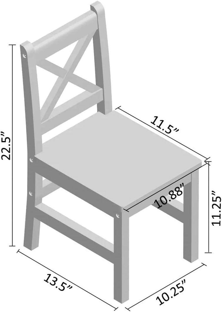 eHemco Solid Hard Wood Kids Table and Chair Set (4 Chairs Included), 5 Piece Set, White