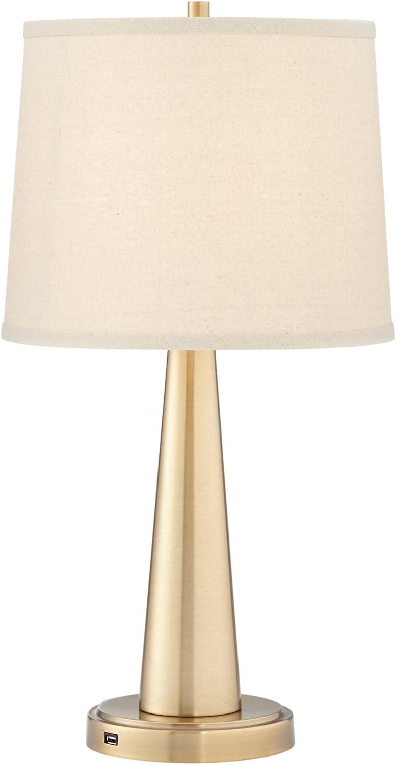 360 Lighting Modern Table Lamps 25" High Set of 2 with USB Charging Port Brass Metal Beige Drum Shade for Bedroom Living Room House Desk Bedside Home