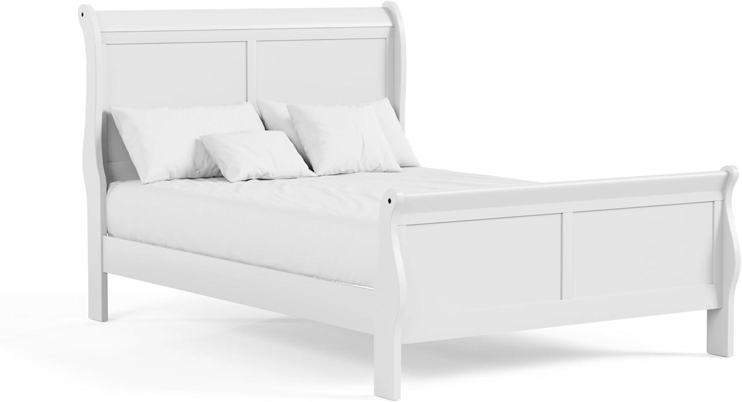 White Traditional Wood Sleigh Full Bed Frame with Headboard and Footboard