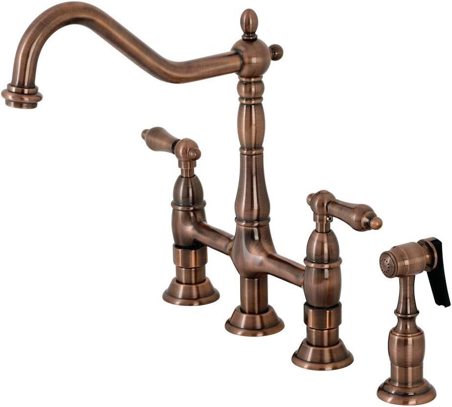 Kingston Brass Heritage Two-Handle 4-Hole Deck Mount Bridge Kitchen Faucet with Brass Side Sprayer