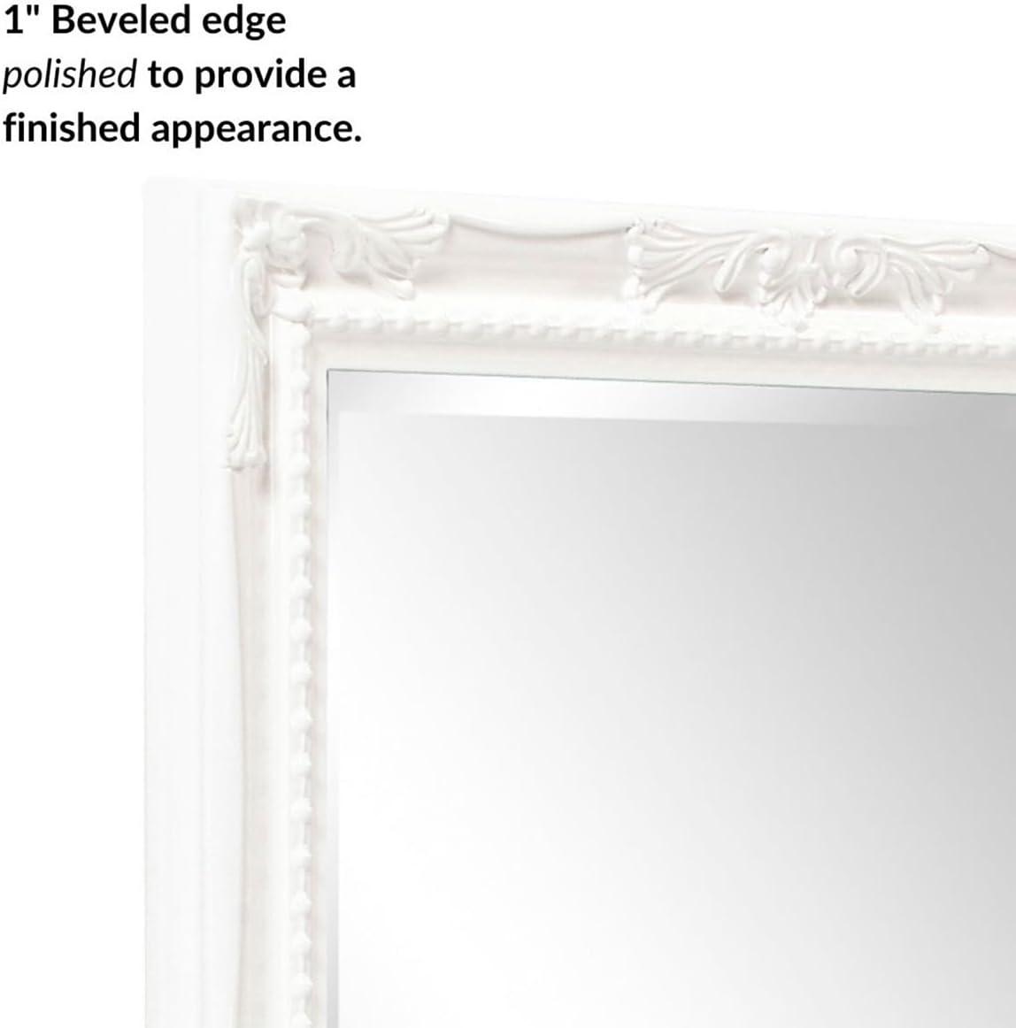 Elegant Glossy White Rectangular Wood Wall Mirror with Beaded Accents