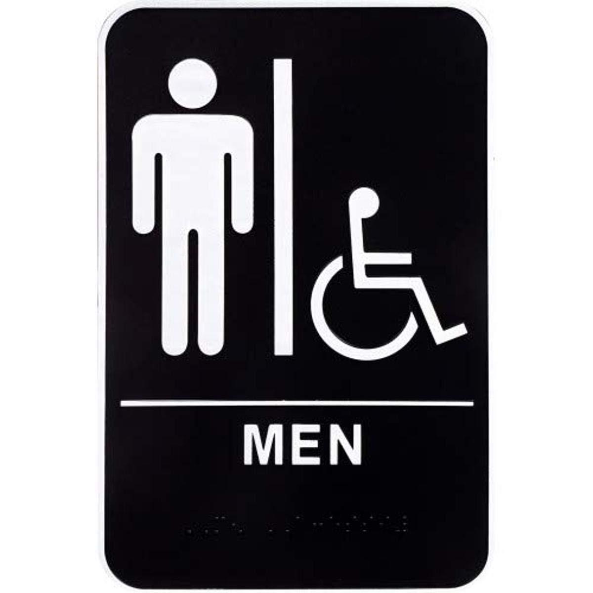 Black and White Men's Handicapped Restroom Sign with Braille, 6" x 9"