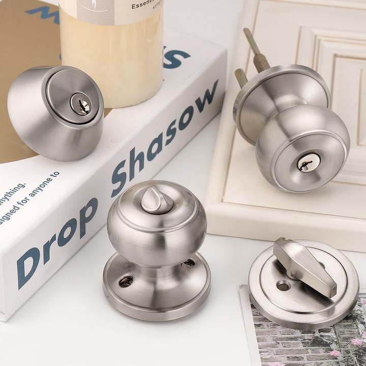 Brushed Nickel Round Stainless Steel Entry Knob and Deadbolt Set