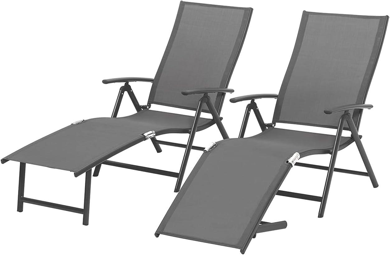 Adjustable Aluminum patio Chaise Lounge Chair, 8 Positions, Folding Outdoor Recliners, All Weather For Beach, Pool And Yard (Set of 2)