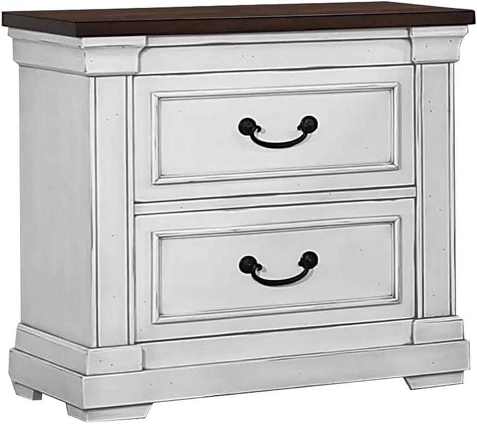 Hillcrest Transitional 2-Drawer Nightstand in White/Brown with USB Ports