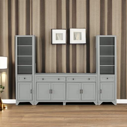 3pc Tara Sideboard and Bookcase Set Distressed Gray - Crosley