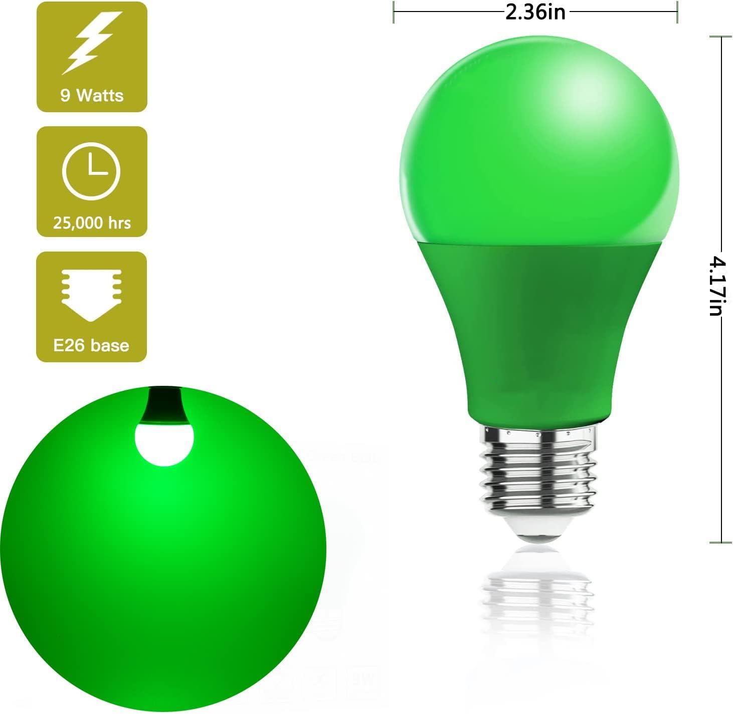 EDISHINE Green LED Light Bulbs for Holiday Party Decoration, A19 9W LED Bulbs 60W Equivalent E26 Base 4 Pack, ETL Listed