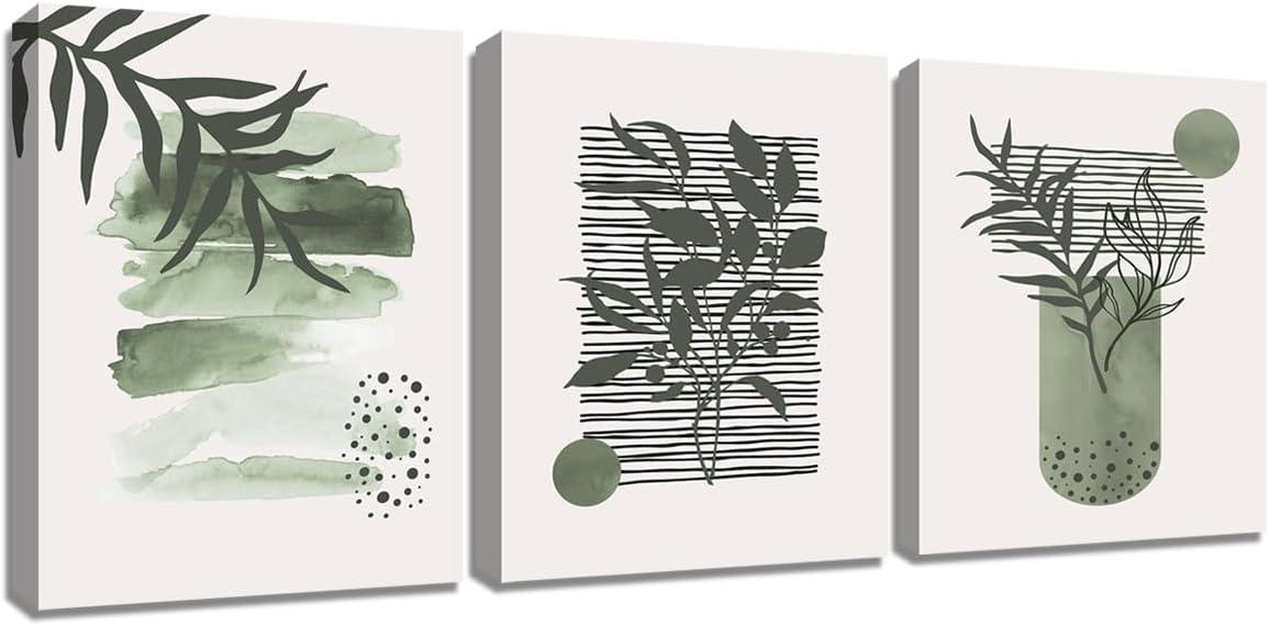 Sage Green Abstract Boho Canvas Wall Art Set