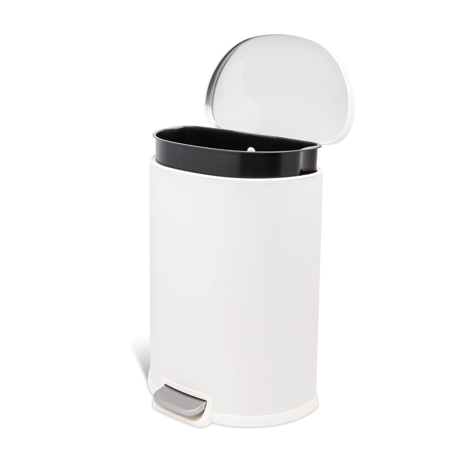 13 Gal. Matte White Stainless Steel Kitchen Trashcan, Step-on, D Shape