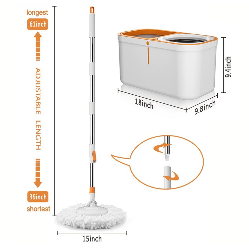 Spin Mop Bucket with Wringer System Extended Mop Handle 61＂Mop and Bucket for Floors Cleaning with 5 Replacement Head Refill 1 Cleaning Brush Head