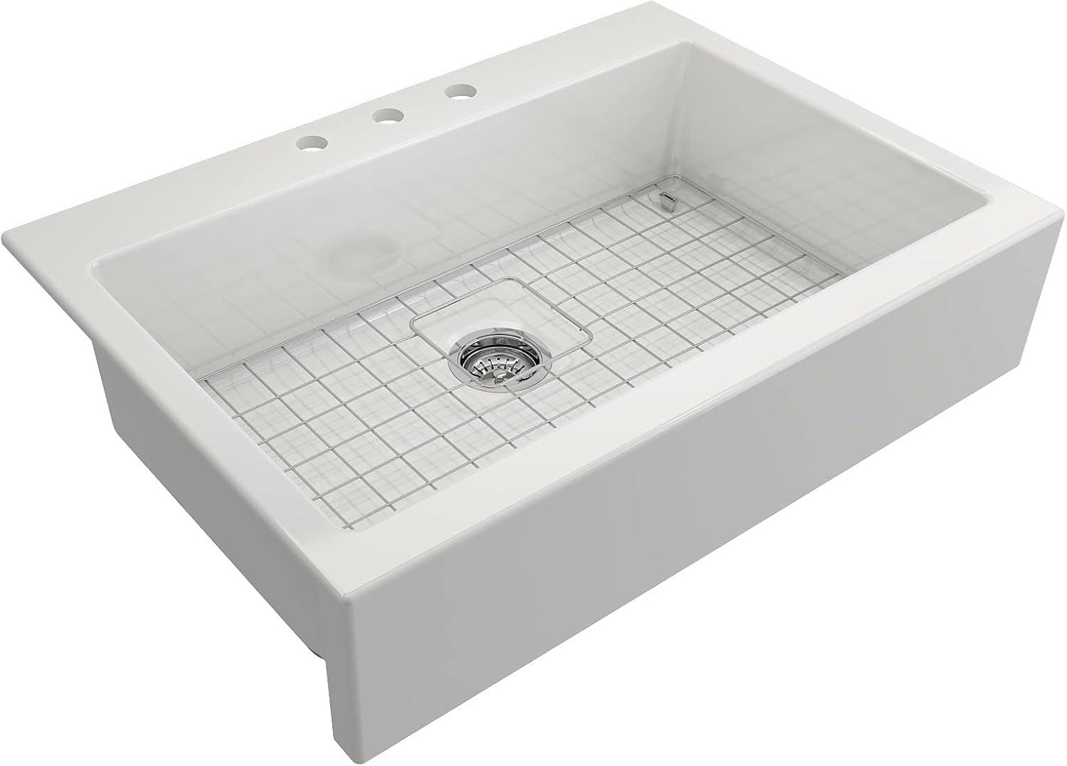 White Fireclay Single Bowl Farmhouse Drop-In Sink with Chrome Faucet