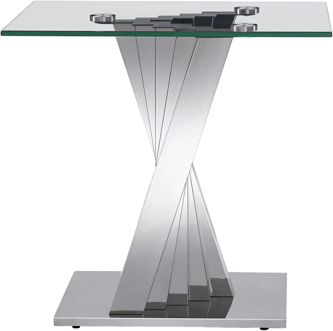 Ssline Silver Mirror Finish Stainless Steel Base End Table with Tempered Glass Top,Size 22.84*22.84*21.65