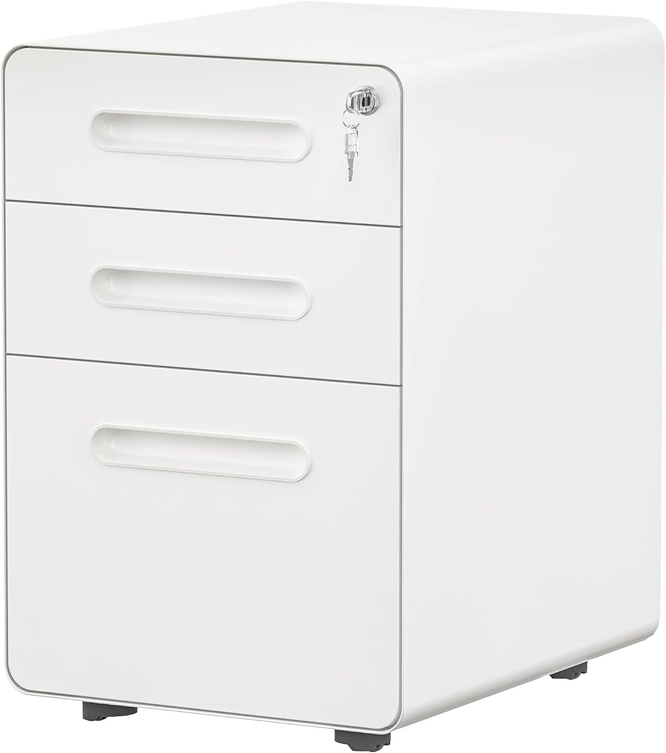 File Cabinet, Metal Mobile File Cabinet with Lock, Filing Cabinet Under Desk fits Legal/A4 Size for Home/Office, Fully Assembled-White