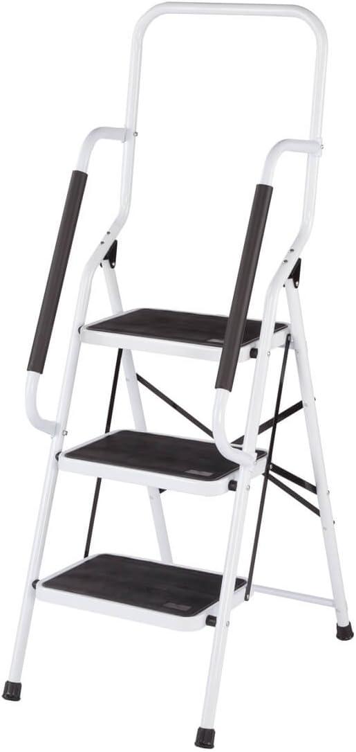 Three-Tier White and Black Metal Step Ladder with Handles