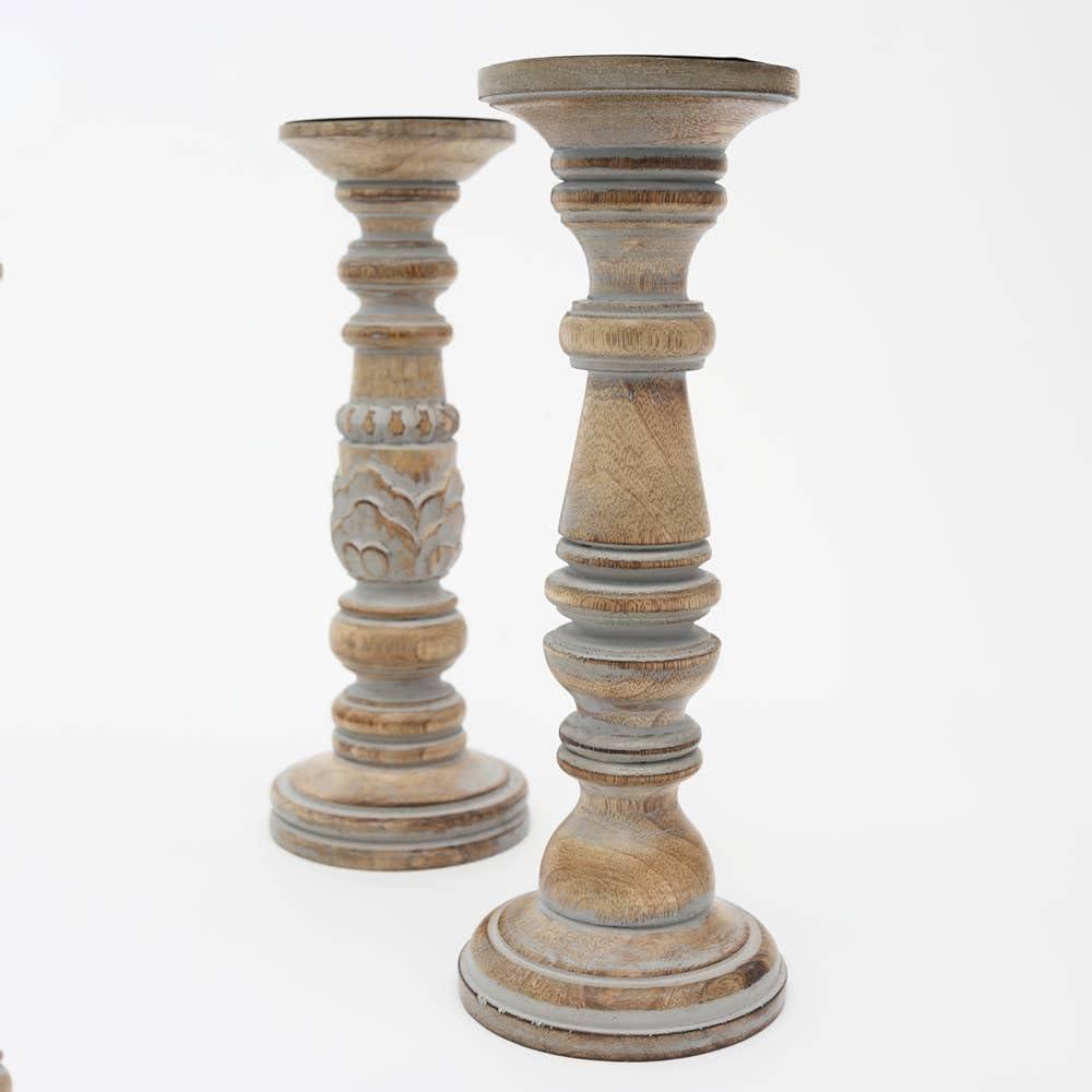 Set of 2 Distressed Grey Mango Wood Candle Holders