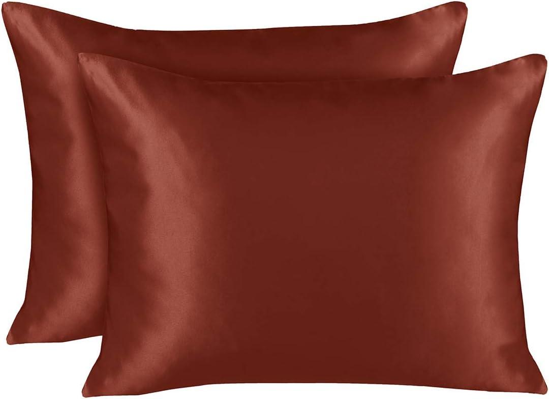 Rust Satin Silk Standard Pillowcase Set with Zipper Closure