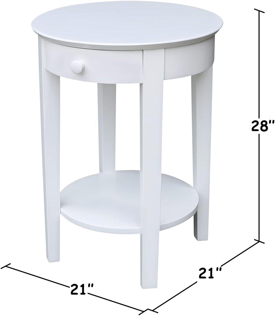 Elegant Round White Parawood Accent Table with Drawer and Shelf