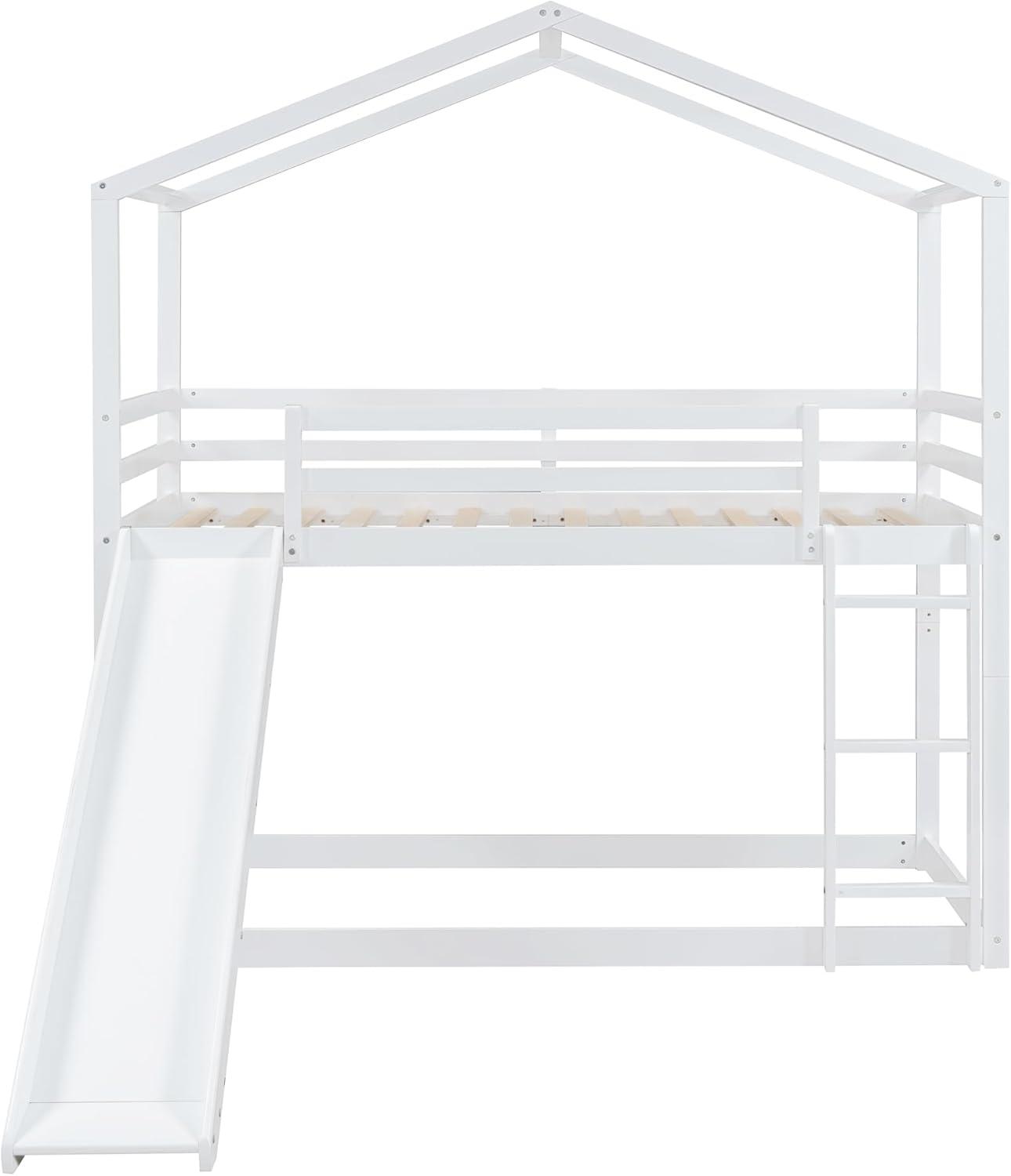 Kids House Bunk Bed with Slide, Solid Wood Bunk Beds Twin Over Twin Size with High Guardrail, Able to Split, Kids Loft/Bunk Bed, Storage Space, Noise Free, Easy Assembly (White)