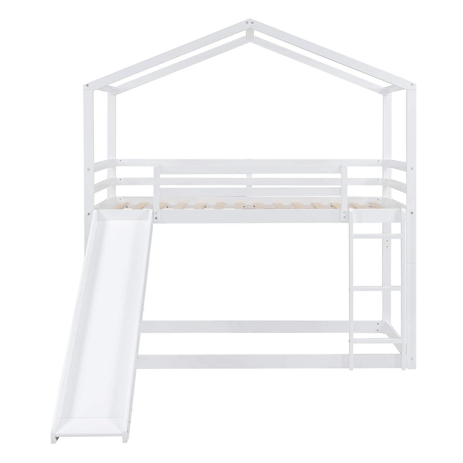 Kids House Bunk Bed with Slide, Solid Wood Bunk Beds Twin Over Twin Size with High Guardrail, Able to Split, Kids Loft/Bunk Bed, Storage Space, Noise Free, Easy Assembly (White)