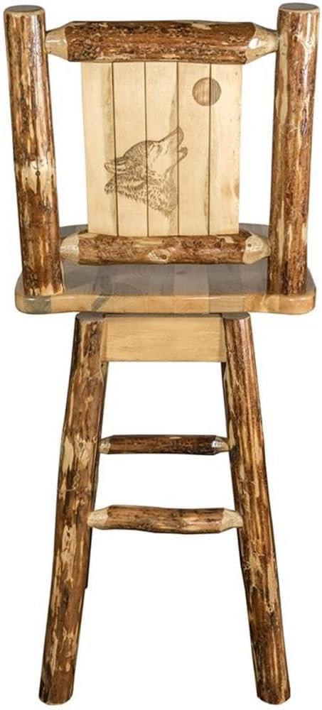 Rustic Lodge Pole Pine Swivel Barstool with Laser-Engraved Wolf