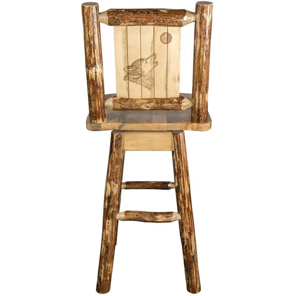 Rustic Lodge Pole Pine Swivel Barstool with Laser-Engraved Wolf