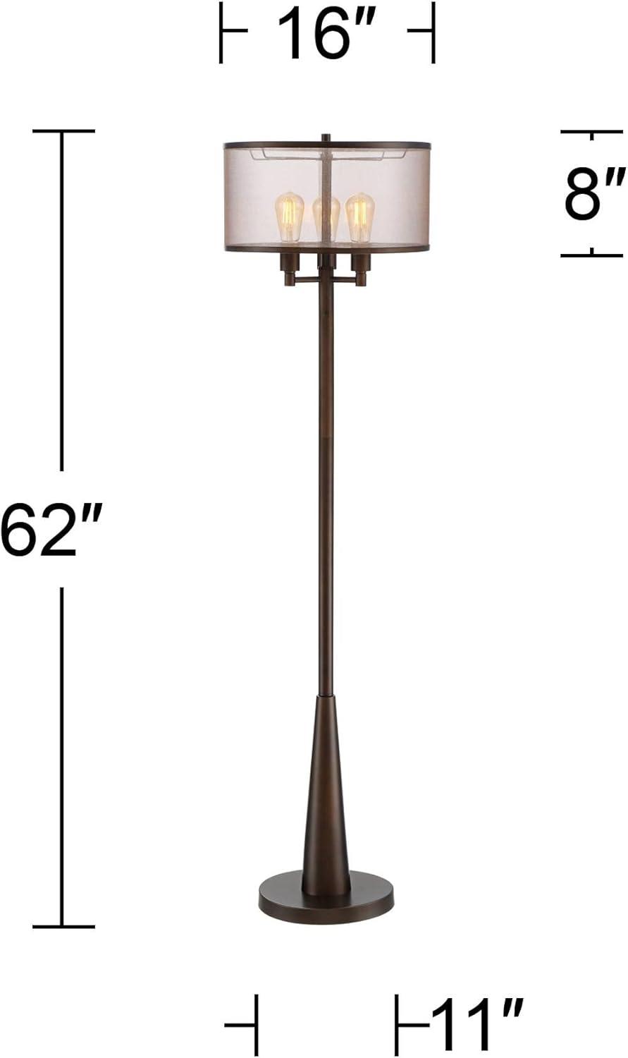 Franklin Iron Works Durango Rustic Farmhouse Floor Lamp 62" Tall Oiled Bronze Metal 3 Light LED Brown Sheer Drum Shade for Living Room Bedroom Office