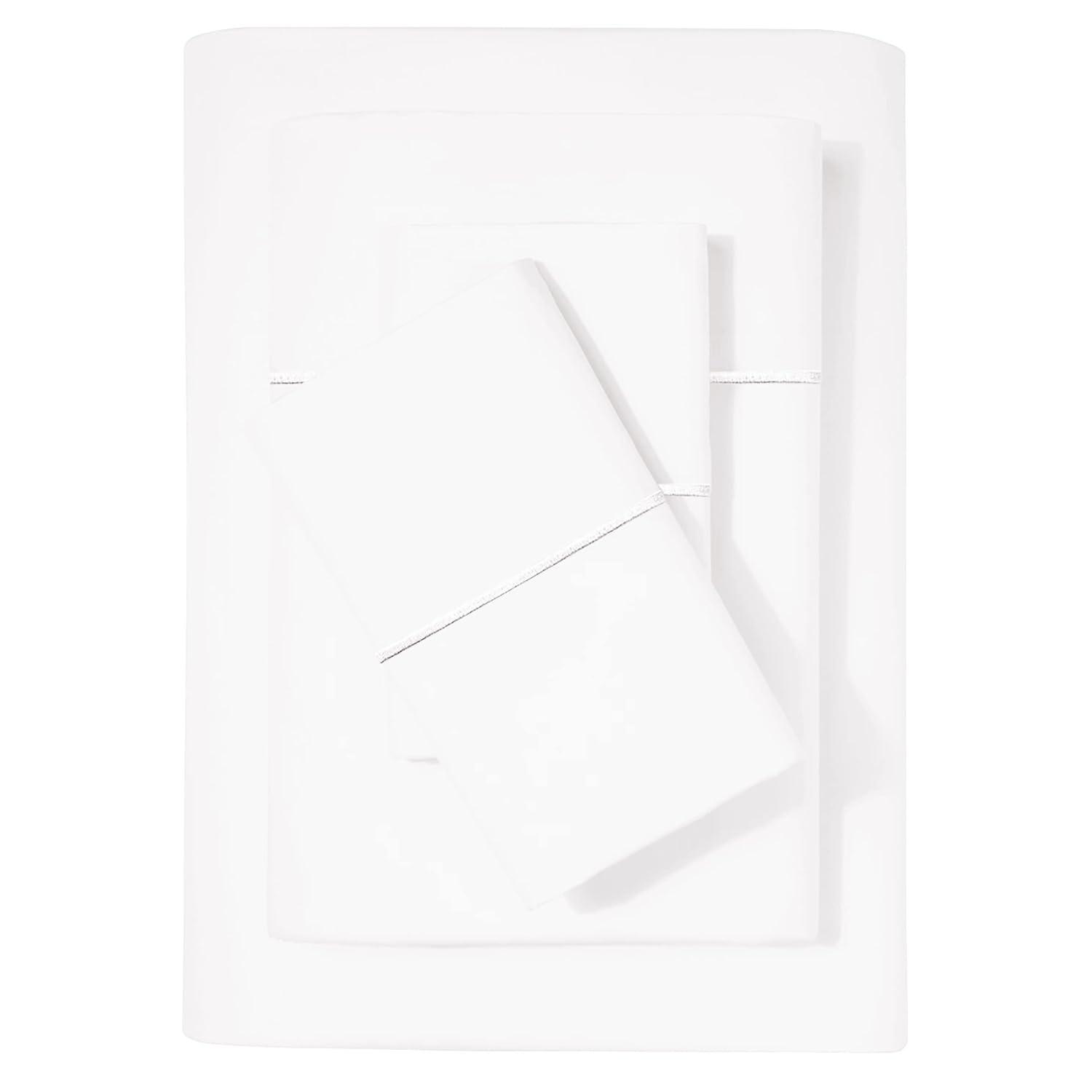 Feather & Stitch 500 TC Queen Size Damask Bed Sheet Set, 100% Cotton Soft Breathable Bedsheets, 4 Piece 18" Deep Pockets Sateen Weave Striped Bedding Mattress Resort Hotel Luxury- (Solid White, Queen)