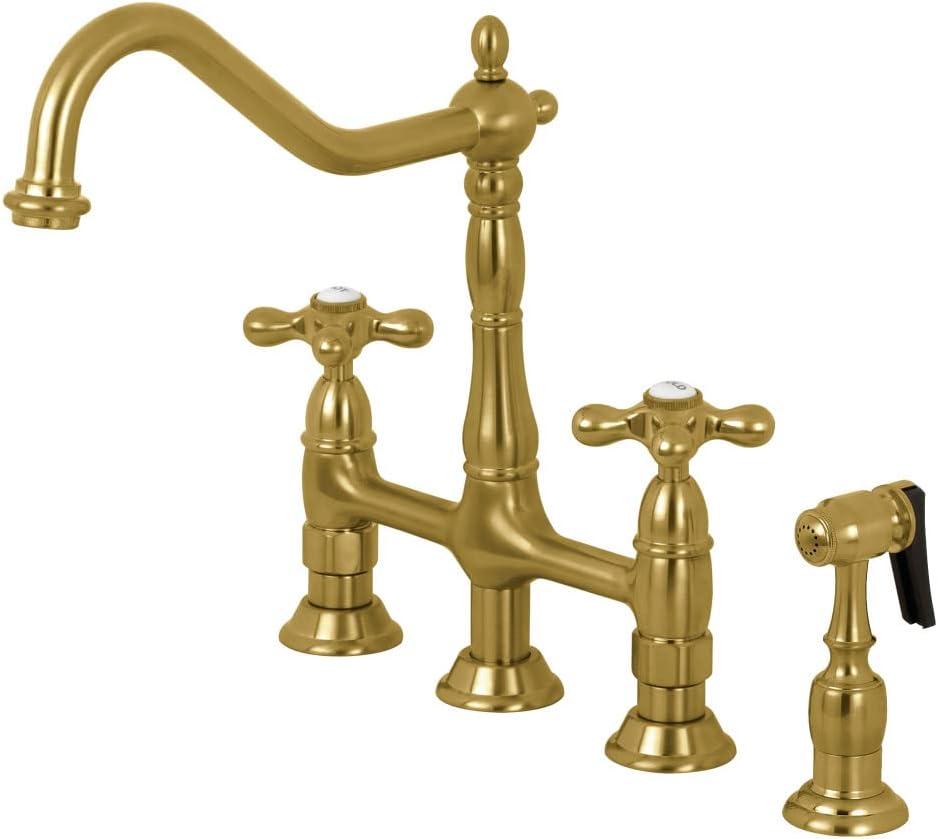 Kingston Brass Heritage Two-Handle 4-Hole Deck Mount Bridge Kitchen Faucet with Brass Side Sprayer