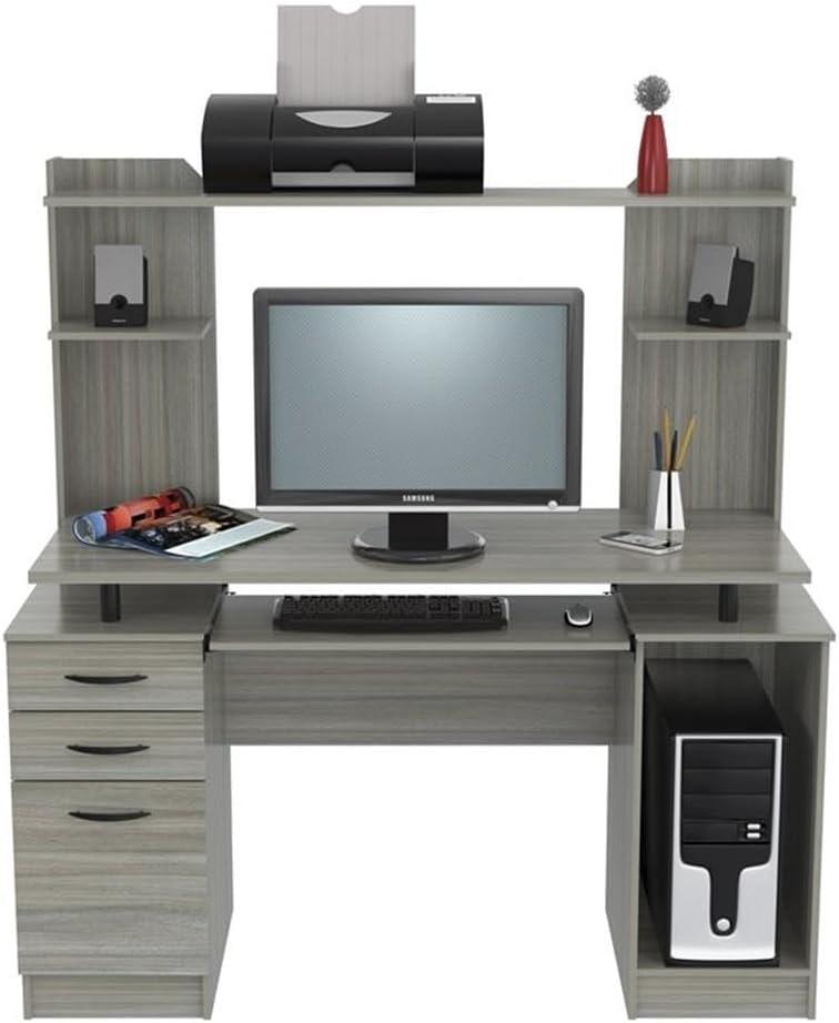 Computer Workcentre With Hutch Smoke Oak - Inval: Modern Laminate Writing Desk, MDF Frame, Open Shelf Storage