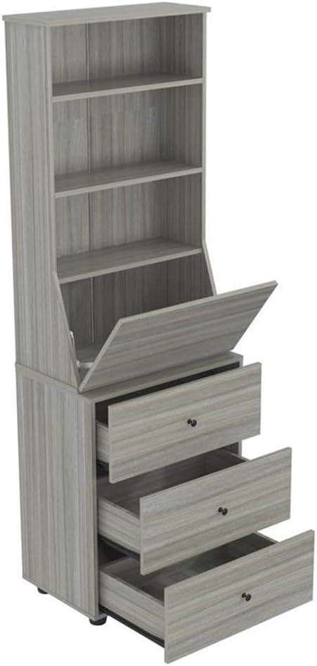 Computer Credenza Workcenter Gray - Inval: Smoke Oak Laminate, Glass Doors, Cable Management