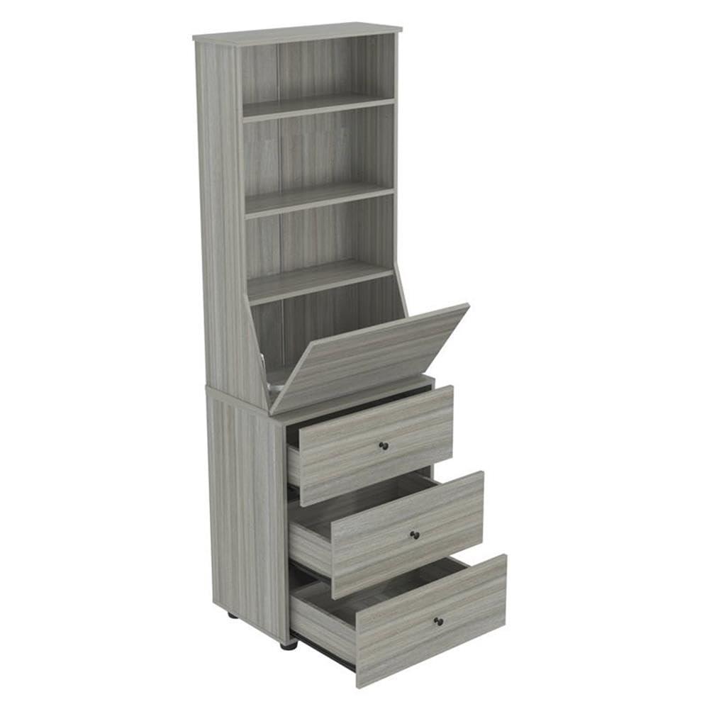 Computer Credenza Workcenter Gray - Inval: Smoke Oak Laminate, Glass Doors, Cable Management