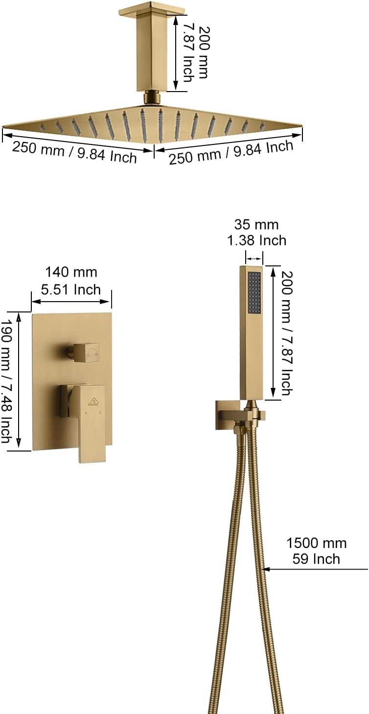 Brushed Gold Large Square Dual Rain Shower System with Handheld