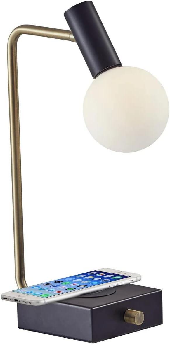 Adesso Windsor AdessoCharge LED Desk Lamp Matte Black w. Antique Brass Accents White Opal Glass