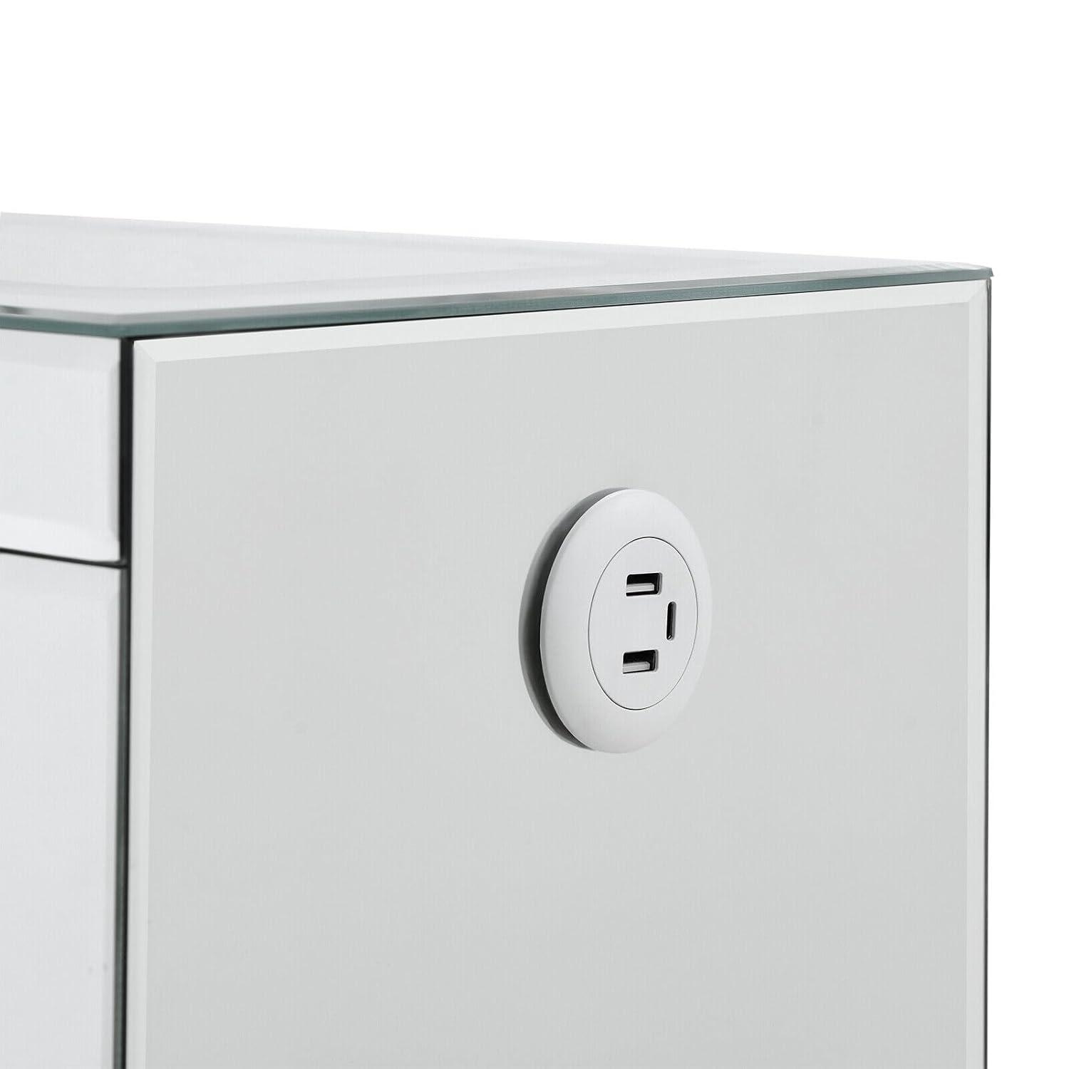 COSVALVE 3 Drawers Mirrored Nightstand Silver Glass Crystal Design Rectangle End Table with Wireless Charging Station, LED Lights, Charge USB Port