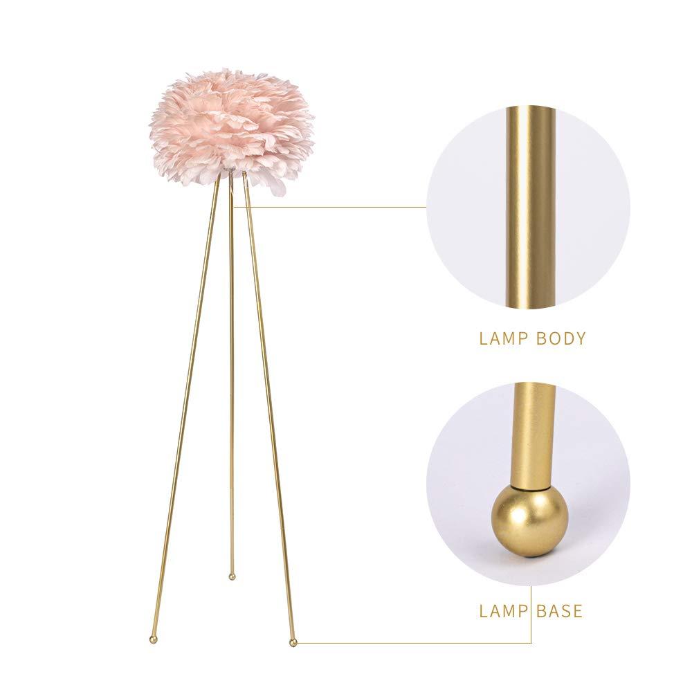 Maxax Feather Floor Lamp, Tripod Floor Lamp with Pink Feather Shade, Standing Light for Bedrooms/Dining Room/Living Room/Kitchen,Gold Classic
