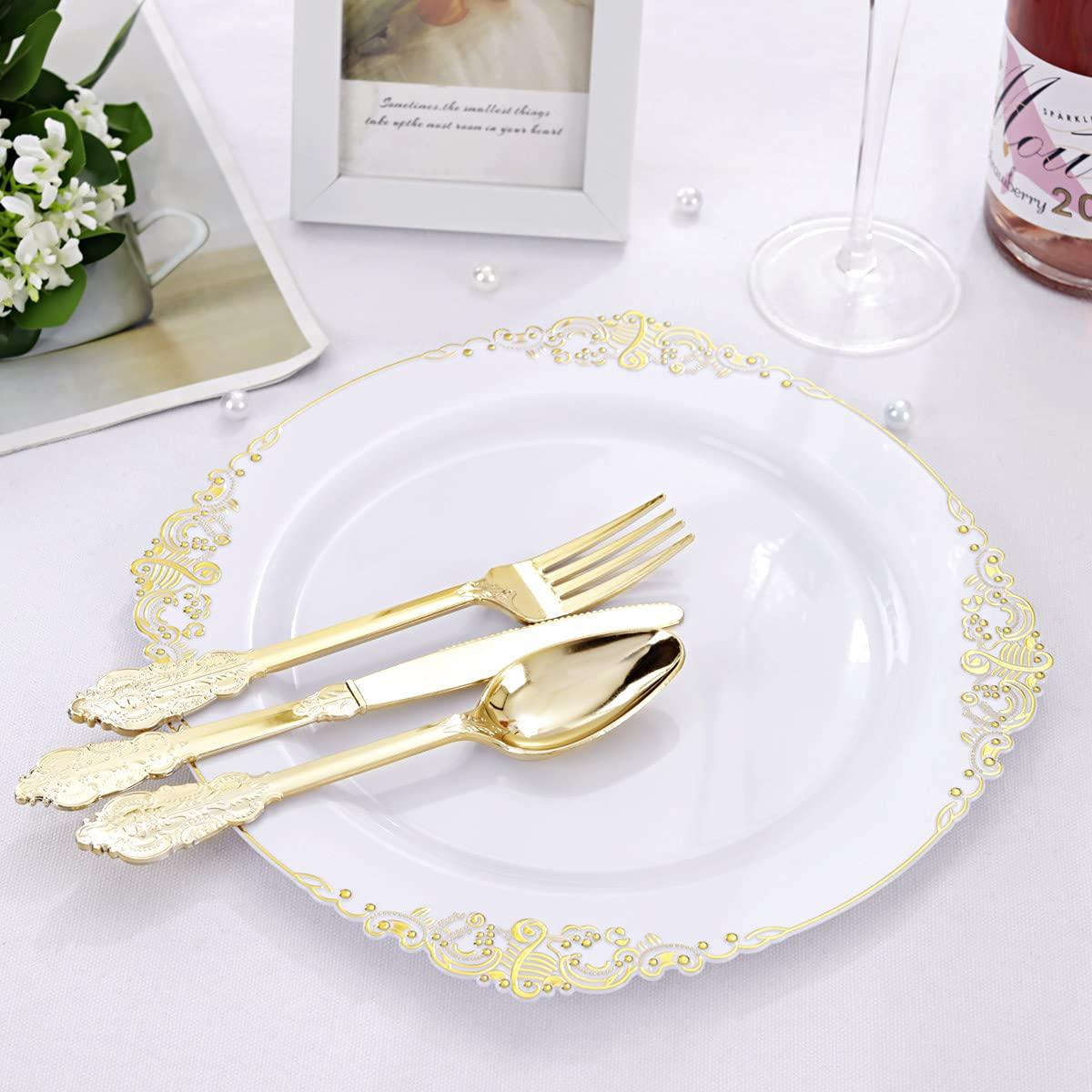 Liacere 60 Pack Gold Plastic Plates - White and Gold Disposable Plates include 30PCS 10.25inch Gold Dinner Plate, 30PCS 7.5inch Dessert Plate for Party & Wedding & Fall Decor