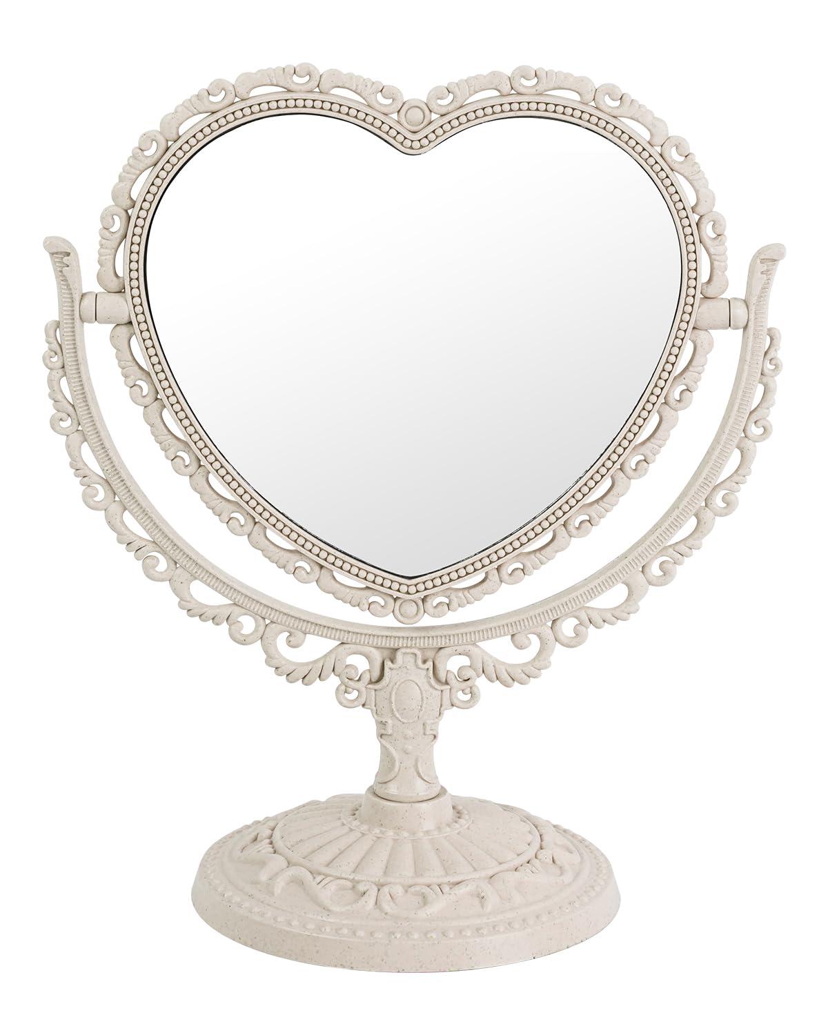 D&XQAUO Vintage Heart Mirror for Desk Cute Coquette Room Decor Small Mirror with Stand,Vanity & Bathroom Double-Sided Rotating Makeup Table Mirror