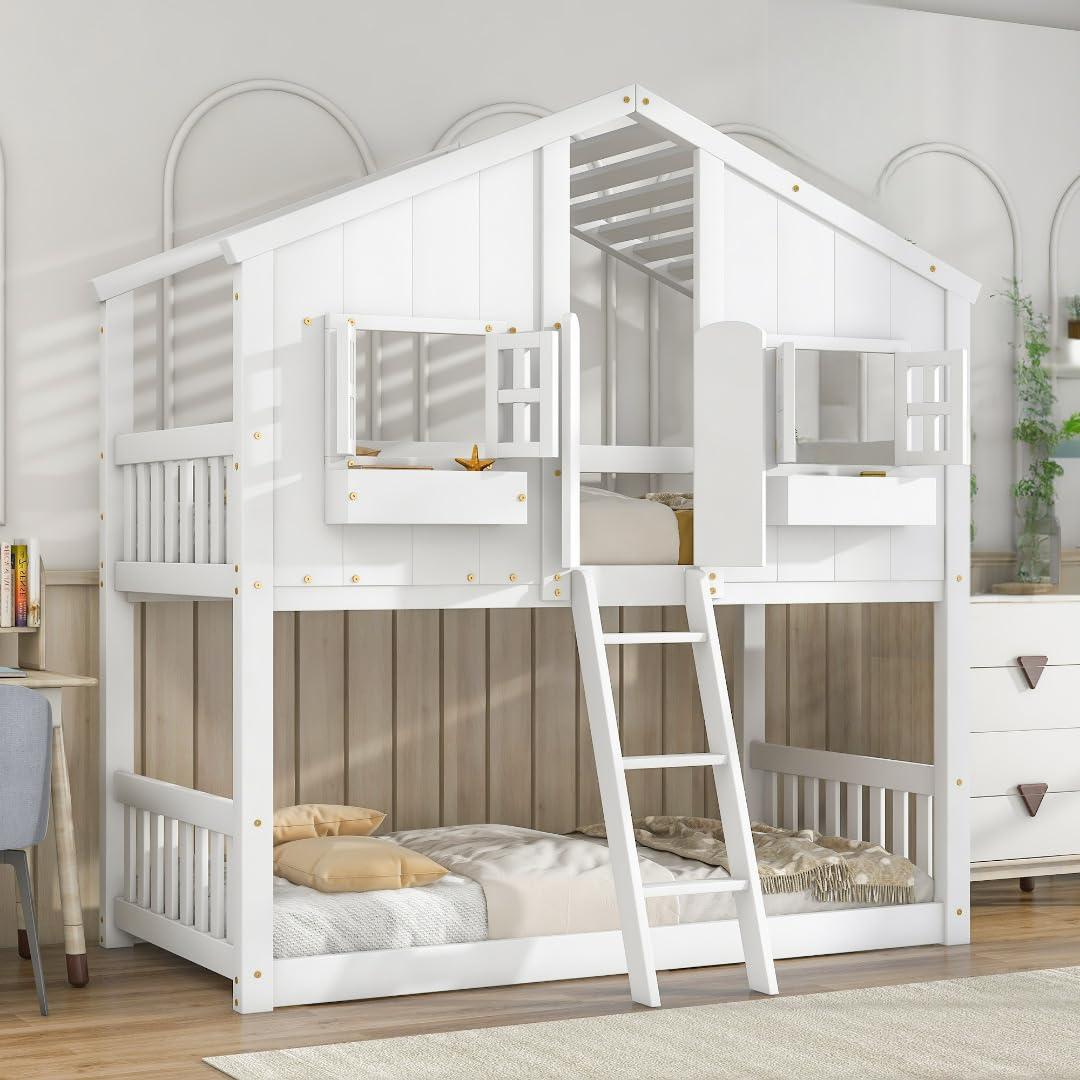 Harper & Bright Designs House Bunk Bed Twin Over Twin Kids Bunk Bed Wood Frame with Roof, Window, Window Box, Door, Safety Guardrails and Ladder, for Girls Boys (Twin Size, White)