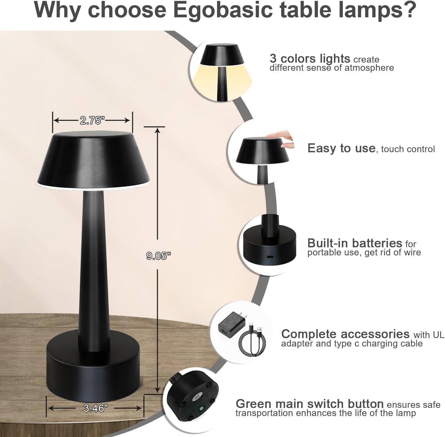 Egobasic Cordless Table Lamps, Modern Rechargeable Battery LED Desk Touch Night Light, 11.8" Metal Minimalist Small Portable Lamps for Dinner Coffee Table Restaurant Bedroom Bar Hotel, Gold