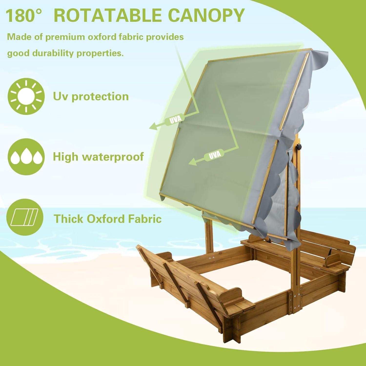 PETSCOSSET Wooden Sandbox with Cover, 48x48" Kids Sandbox with 2 Foldable Bench Seats & UV-Resistant Canopy for Backyard Lawn