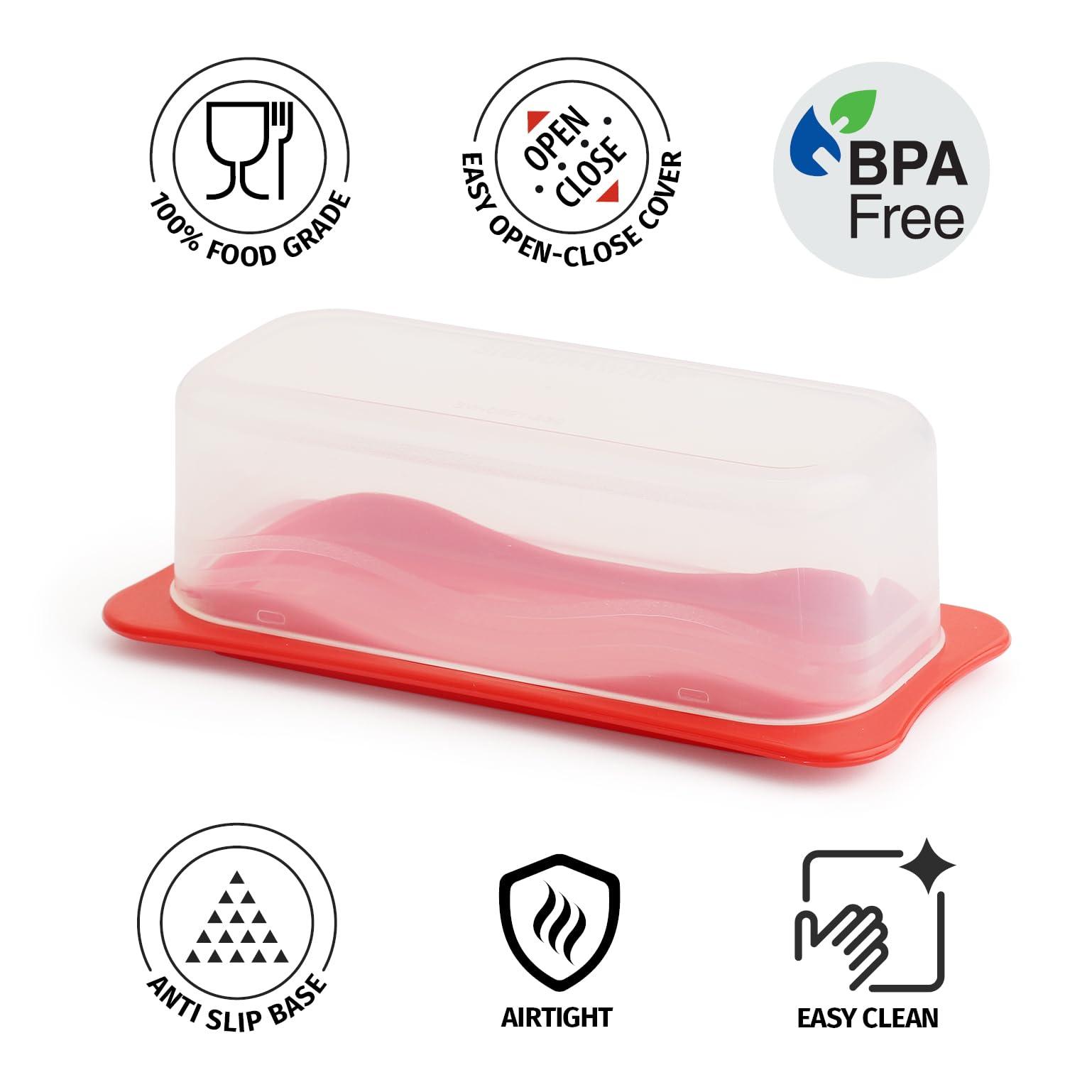 Signora Ware Plastic Butter Dish with Lid Butter Holder Storage Container, Red