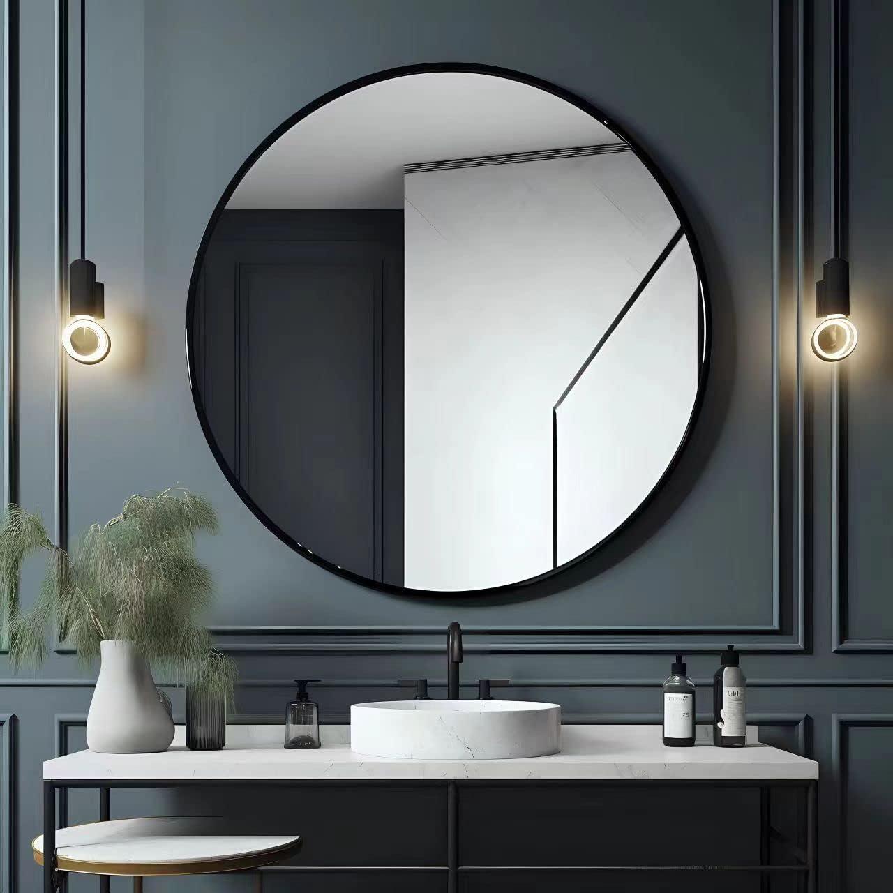 USHOWER 36" Black Round Wall Mirror - Metal Frame Circle Mirror for Bathroom, Bedroom, Living Room, and Entryway Decor